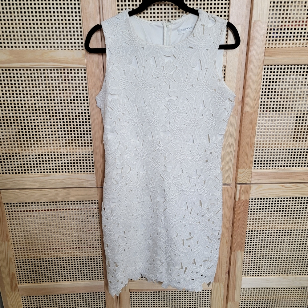 Calvin Klein Floral Cutout Shift Dress Sz 8 Medium White